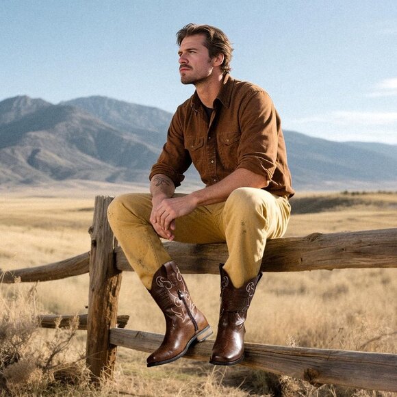 Bruno Marc Men Brown Round Toe Slip on Chunky Heel Waterproof Mid Calf Boots - Picture 2 of 8